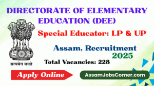 Banner image for DEE Assam Special Educator Job Notification 2025, featuring bold text over a clean background with visual elements representing education and recruitment in Assam.