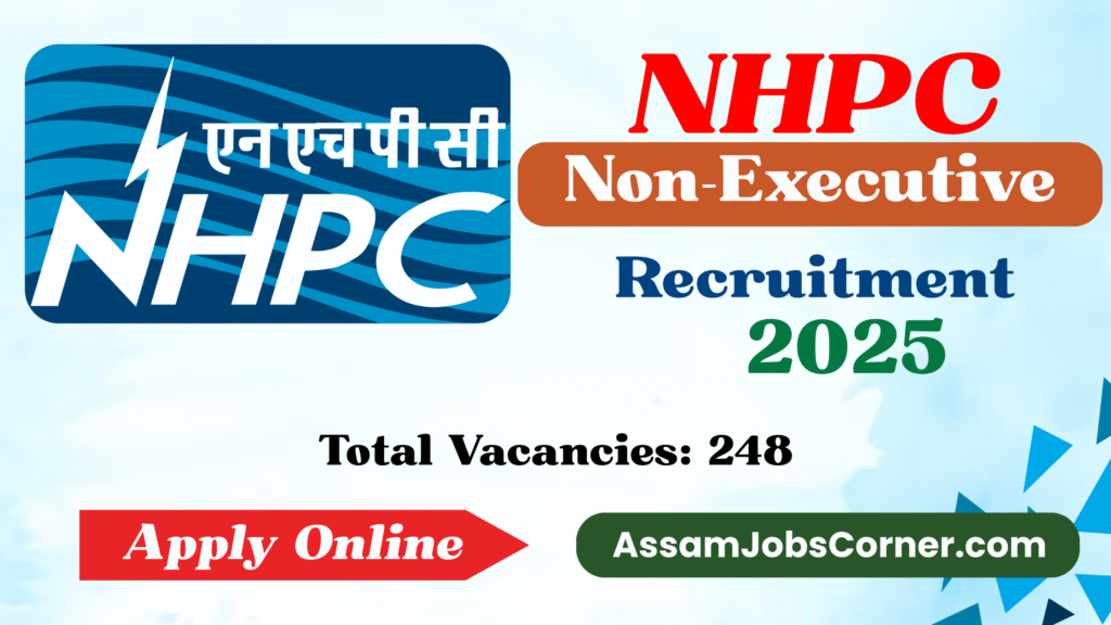 NHPC Recruitment 2025 banner featuring bold text and official branding, designed to highlight job notification details for Assam Jobs Corner.