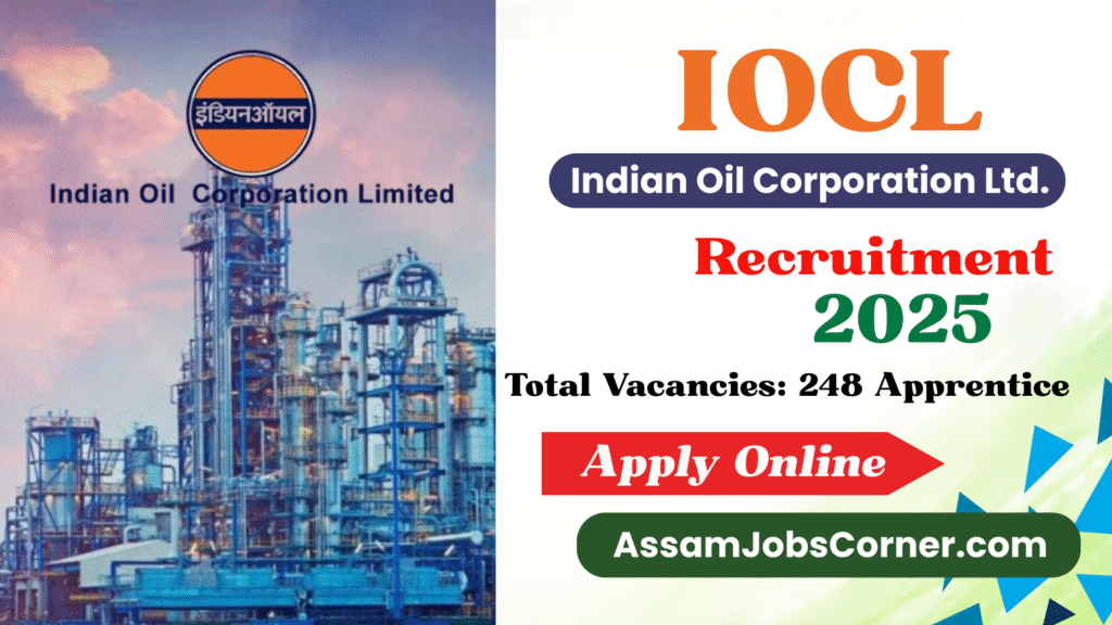 IOCL Apprentice Recruitment 2025 banner highlighting job opportunities across Assam and India with vibrant graphics and official branding.